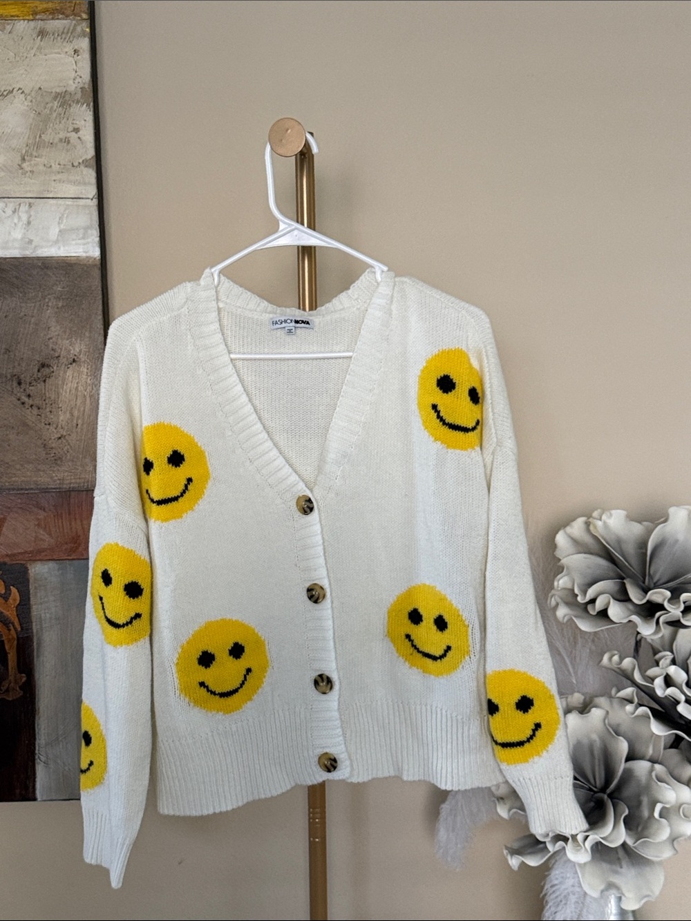 Fashion Nova Cream Cardigan with Yellow Smiley Icons
